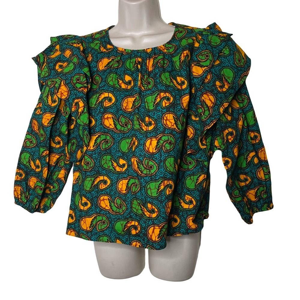 Royal Native green yellow 100% cotton ruffle puff sleeves sz S
